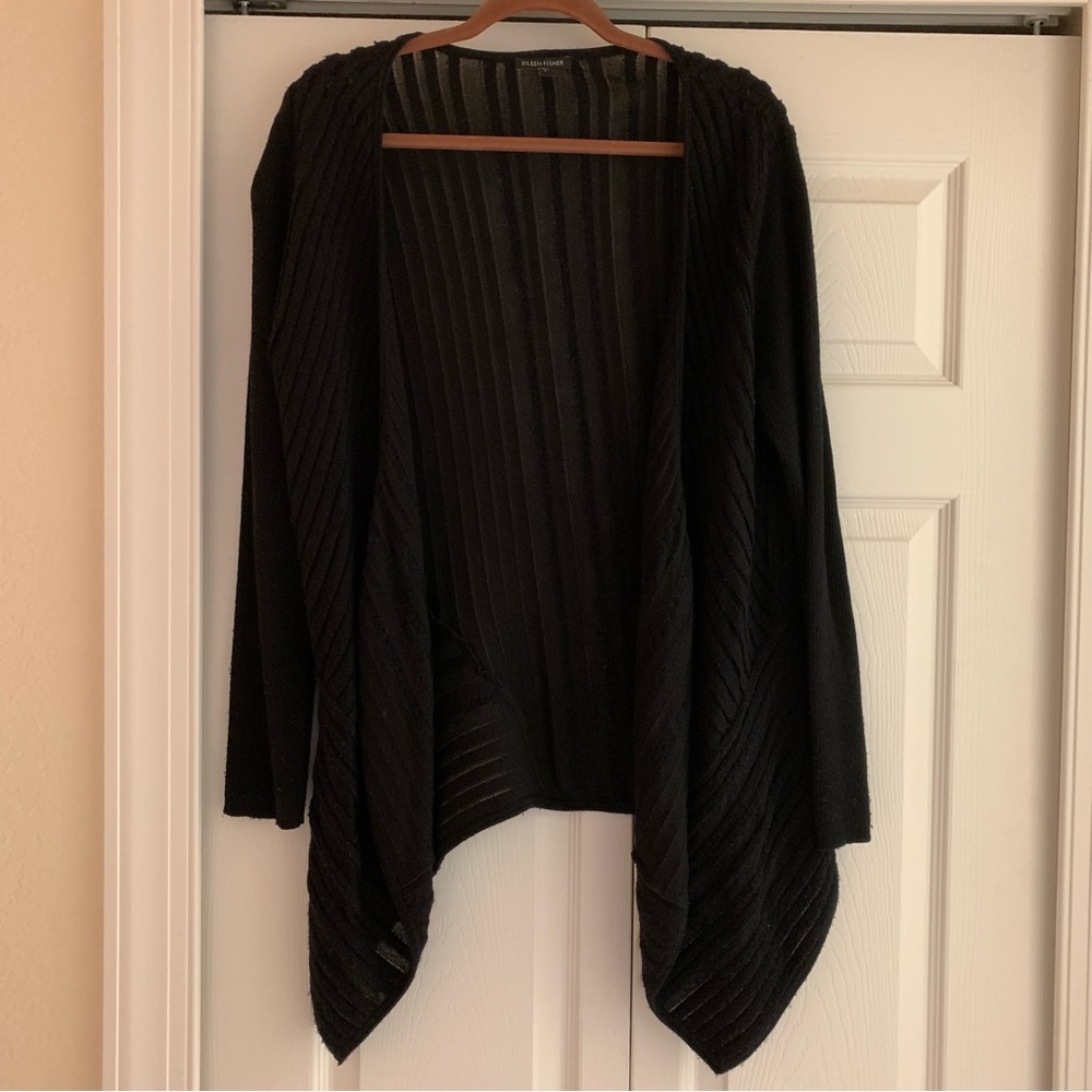 Eileen Fisher black semi sheer long sleeve open cardigan sweater size large